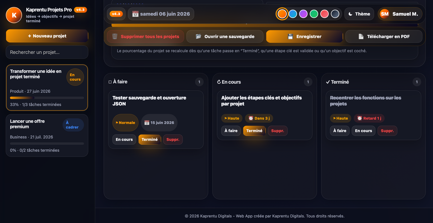 Kaprentu Projets Pro V4.3 - Application WEB Gestion de Projets Pro & Perso (PC/MAC)