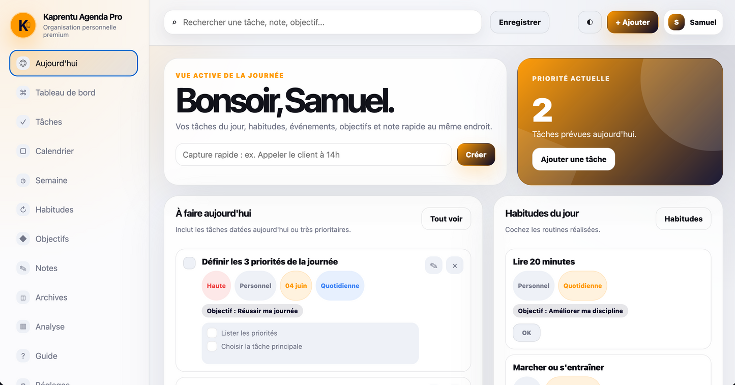 Kaprentu Agenda Pro V2.1 - Application WEB d’organisation Pro & Perso (PC/MAC)