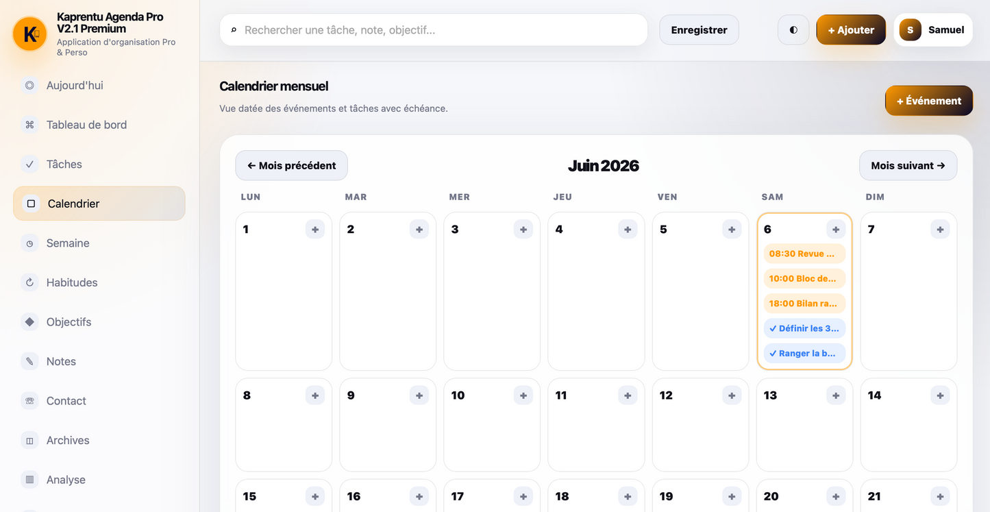 Kaprentu Agenda Pro V2.1 - Application WEB d’organisation Pro & Perso (PC/MAC)