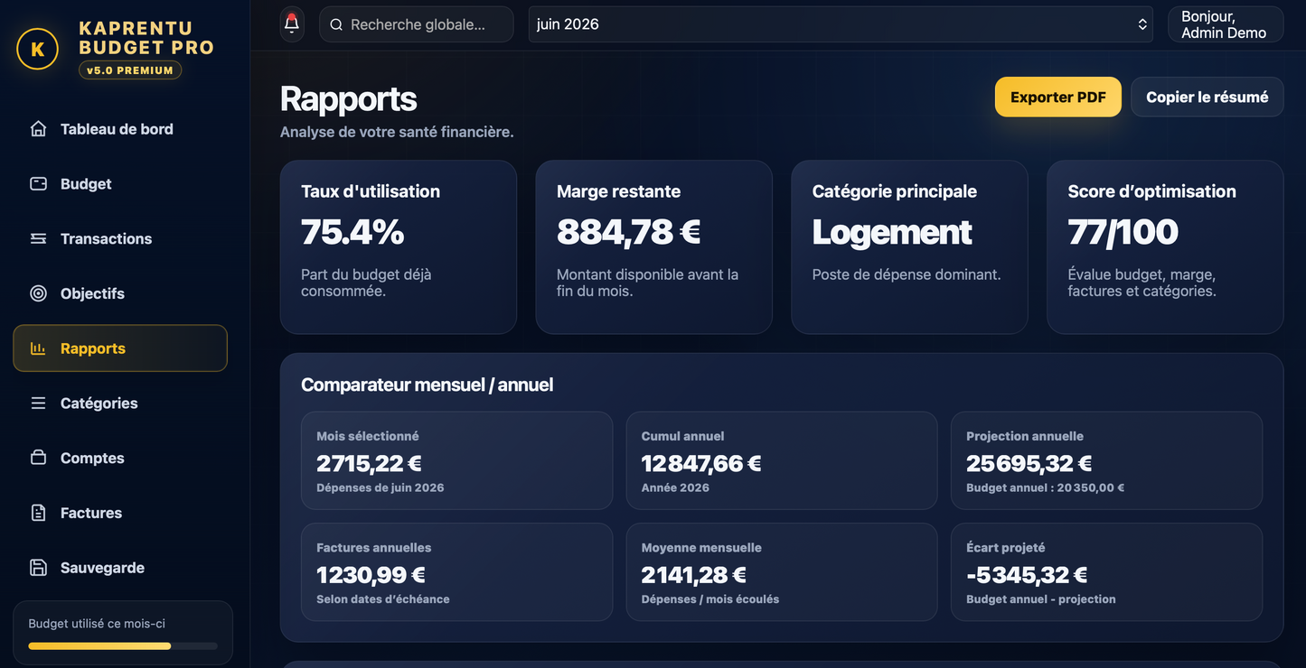 Kaprentu Budget Pro v5.0 - Application WEB Gestion de budget mensuel (PC/MAC)