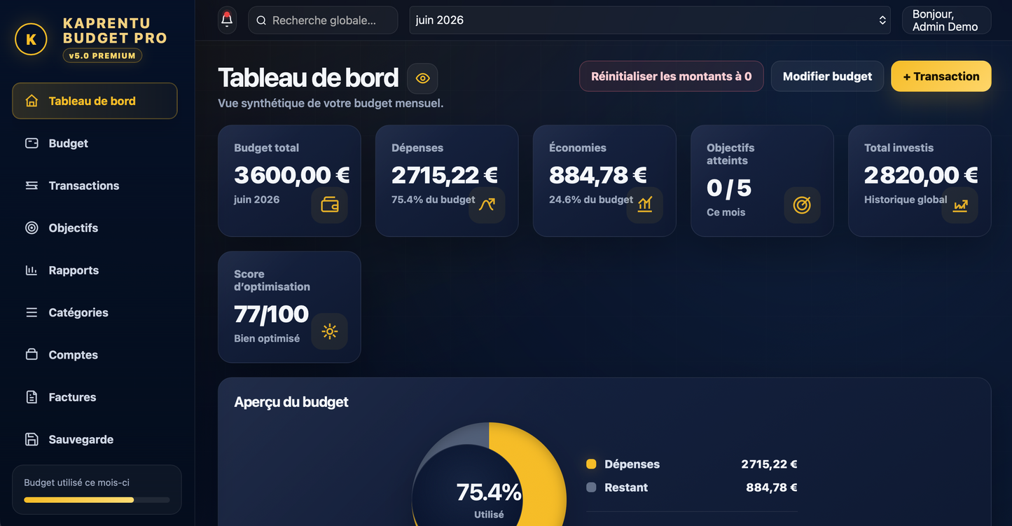 Kaprentu Budget Pro v5.0 - Application WEB Gestion de budget mensuel (PC/MAC)