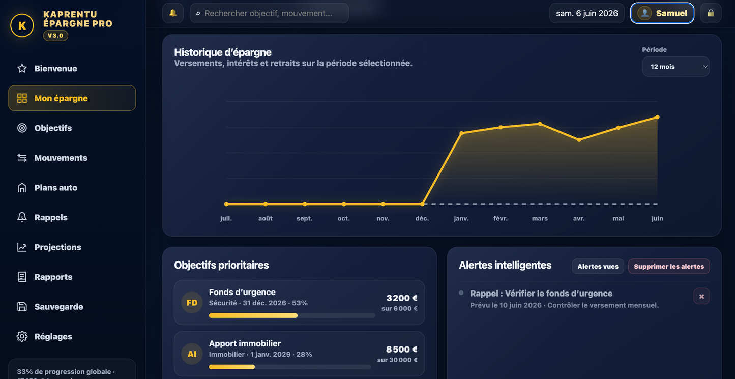 Kaprentu Épargne Pro V3.0 - Application WEB Gestion d’épargne personnelle (PC/MAC)