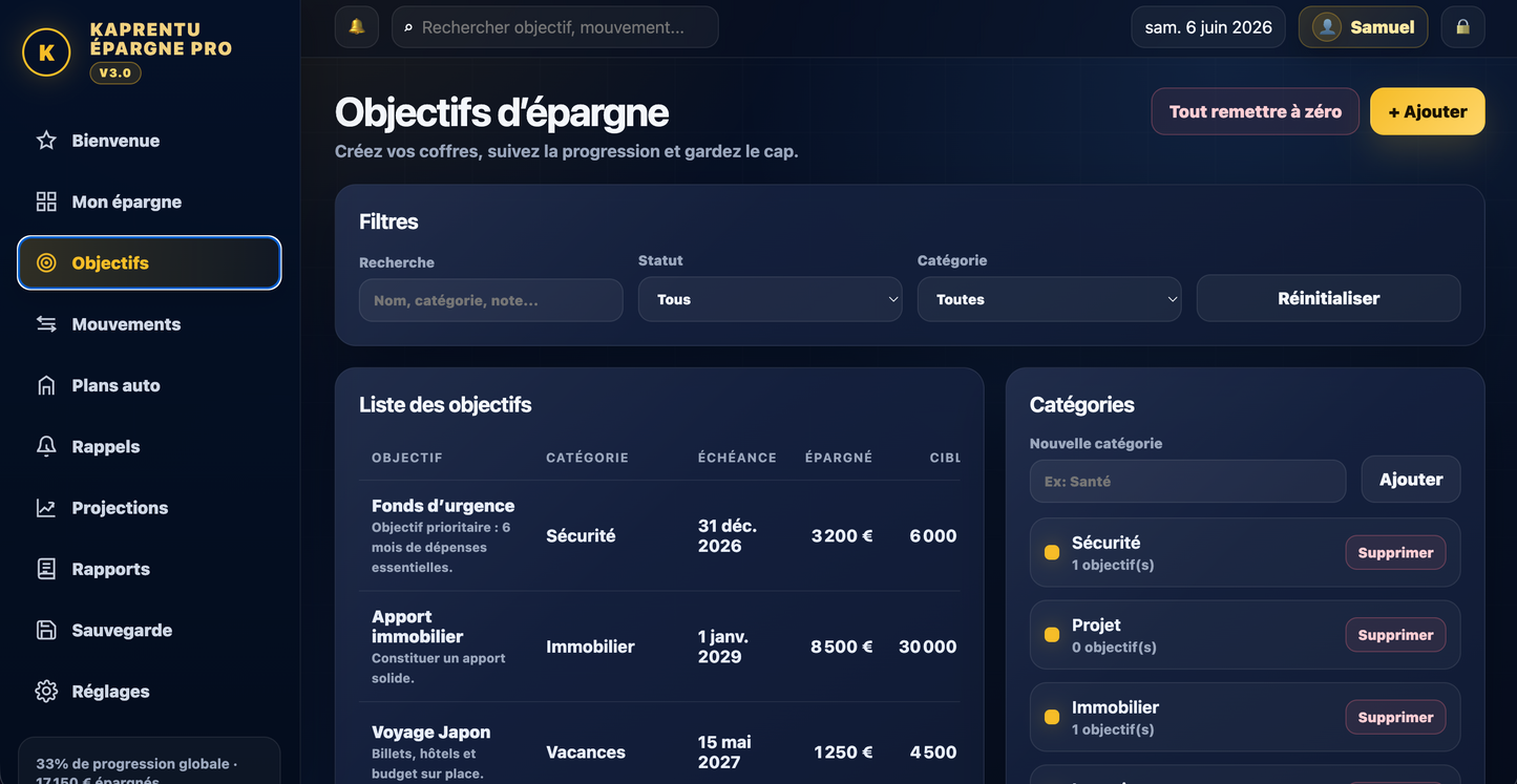 Kaprentu Épargne Pro V3.0 - Application WEB Gestion d’épargne personnelle (PC/MAC)